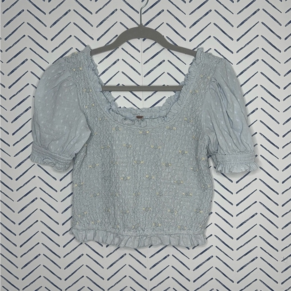 Free People Pale Blue Smocked Puff Sleeve Blouse with Rosettes